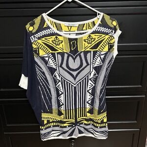 OBLIQUE  CREATIONS‎ BLUE YELLOW KNIT SWEATER  CUT OUT SHORT SLEEVE Size 0